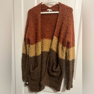 Fuzzy Woven and Heart cardigan.